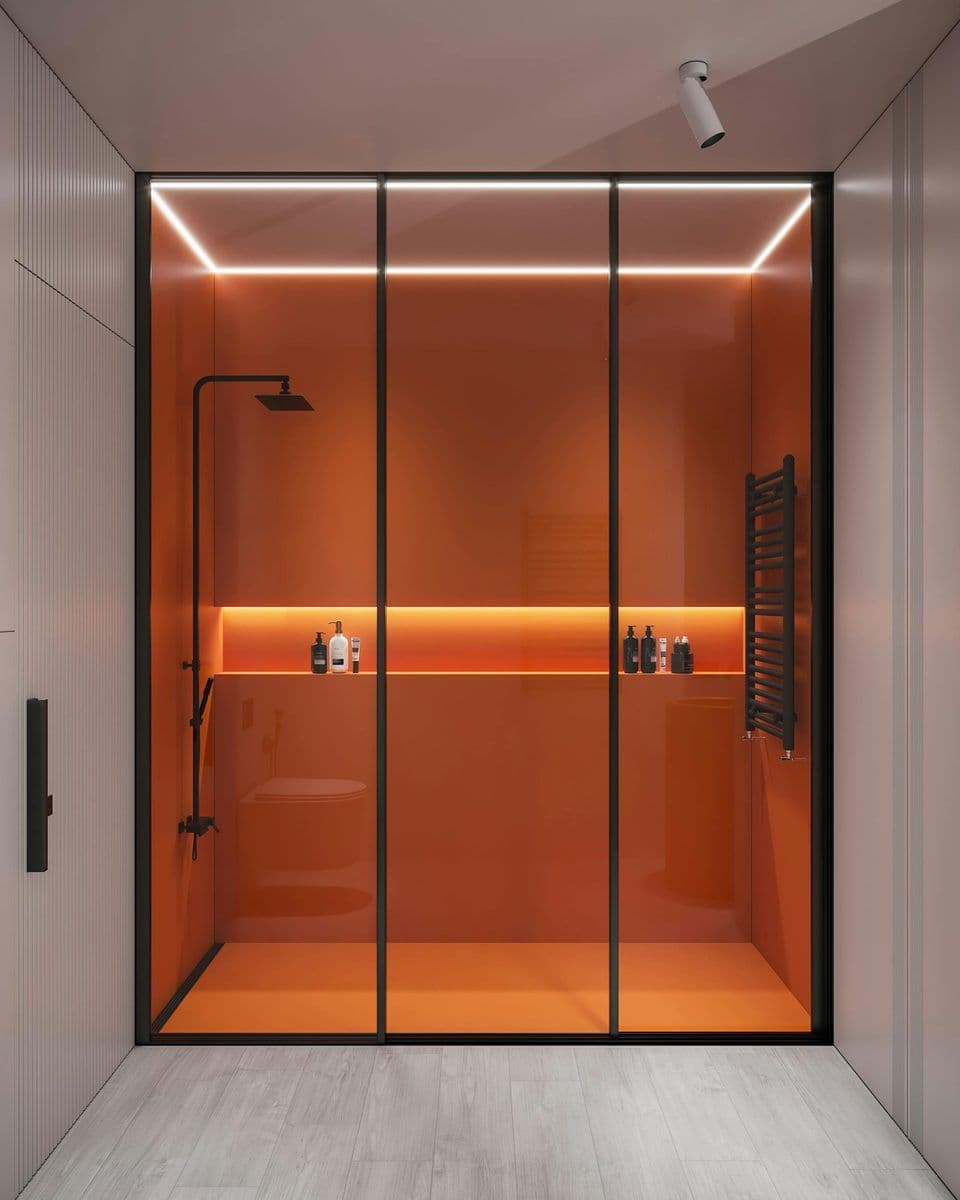 Walk-in shower enclosure with black frames