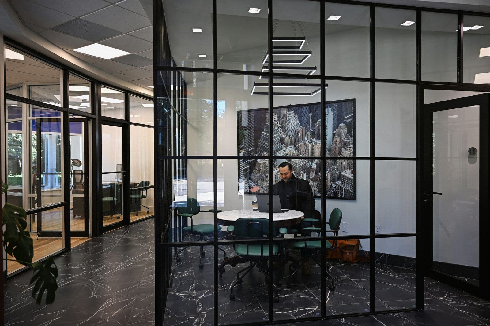 Glass partitions in an office meeting room