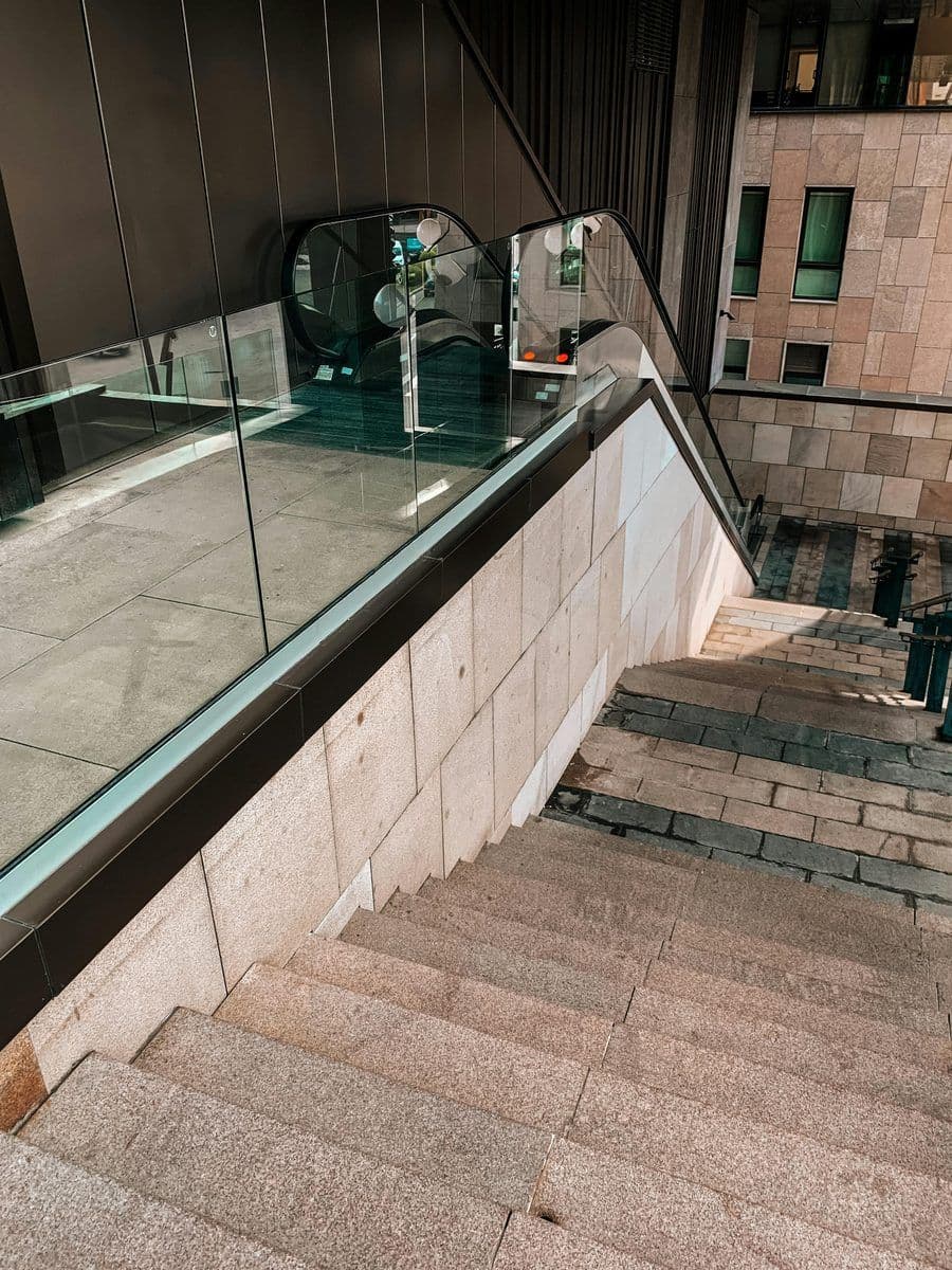 Glass railings on exterior stairs